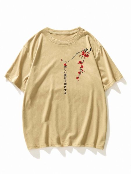 

extended sizes men floral and japanese letter graphic tee o9gv#, White;black