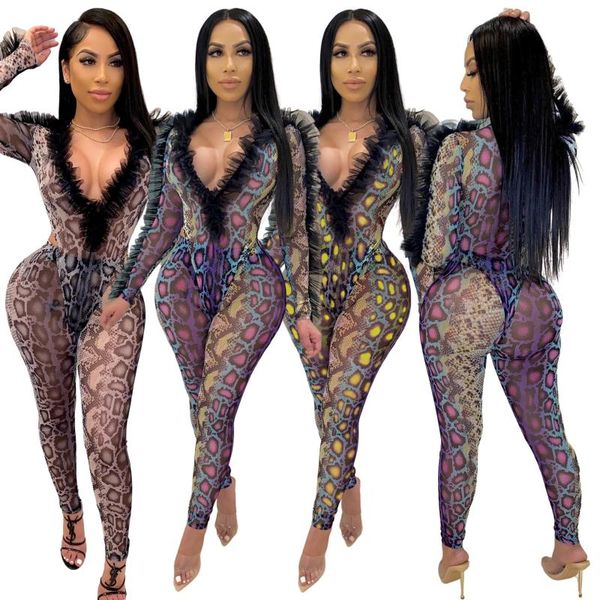 

women's two piece pants snake skin printed sheer mesh patchwork skinny rompers women suits set for evening party jumpsuits outfits, White