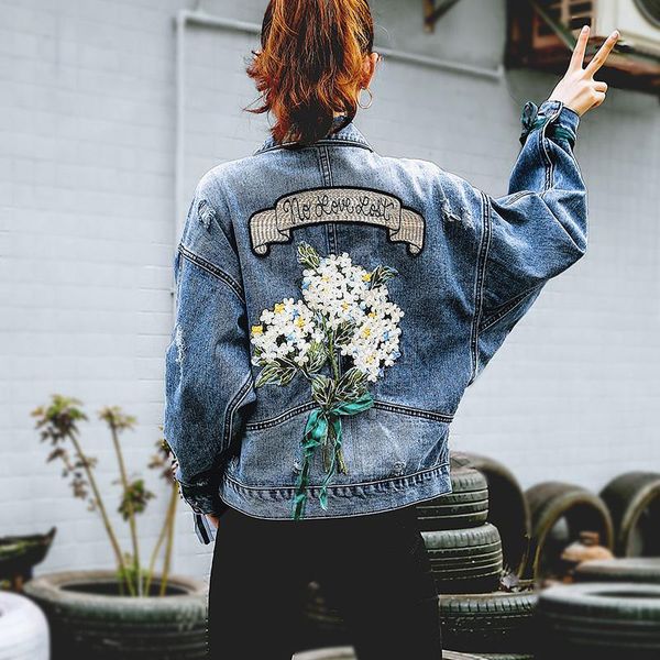 

women's jackets 2021 autumn embroidery flower cowboy loose coat female denim jeans jacket women chaqueta mujer streetwear boyfriend lar, Black;brown