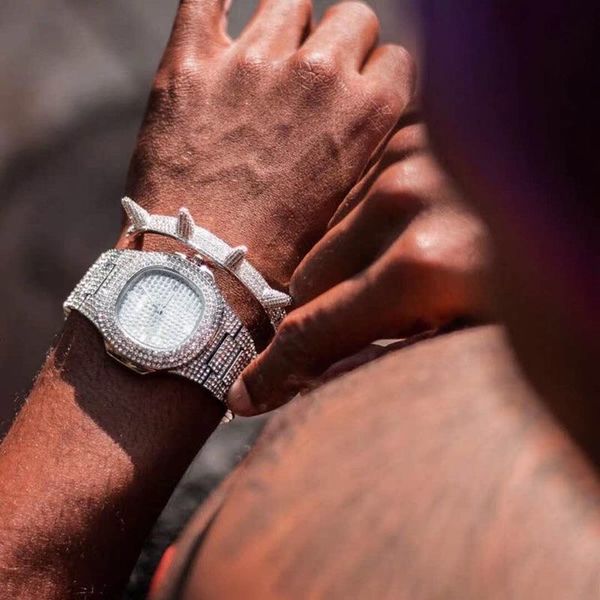 

designer watch brand table luxury es 300klab hip-hop rap male full drill zirconium quartz tiktok steel band vibrato net red, Slivery;brown