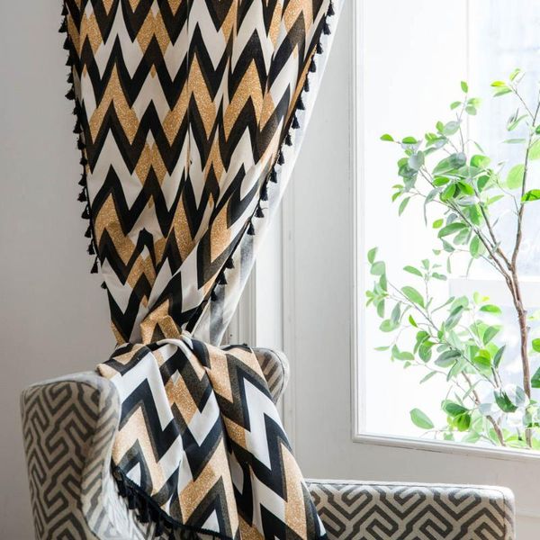 

150x240cm multi size drilling el home decor window curtain cotton linen gold black white striped drapery panels & drapes