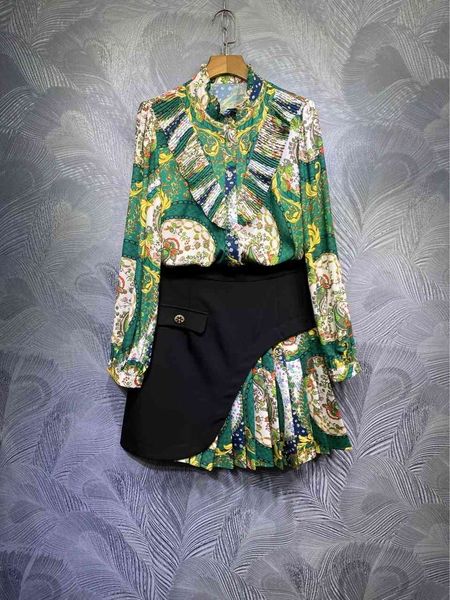 

two piece dress zim australia spring stand-collar printed shirt+ contrast colors skirt suit apc2, White