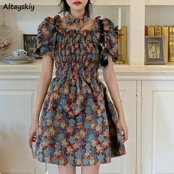 

casual dresses women ruffle mini puff sleeves floral high waist retro elegant slim korean style kawaii spring ins female, Black;gray
