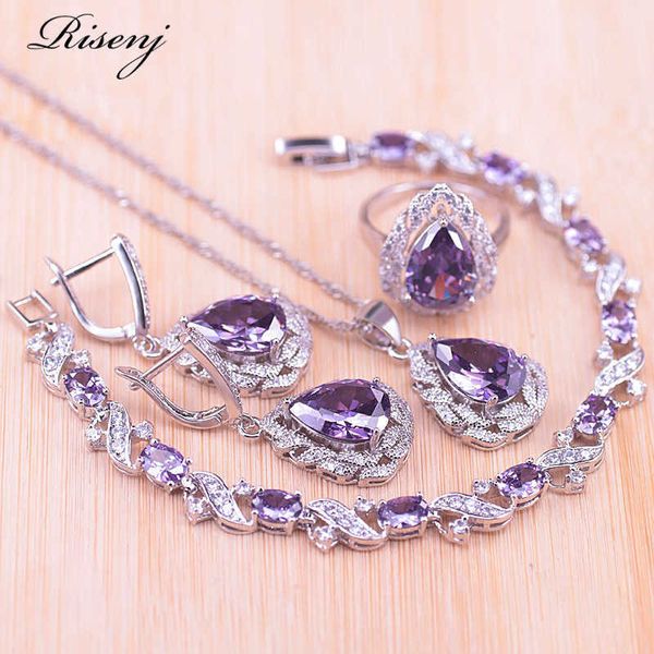 

risenj purple crystal & zircon silver color costume jewelry set water drop earrings ring necklace bracelet set bridal jewelry h1022