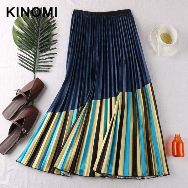 

skirts kinomi 2021 spring summer color matching striped high waist pleated women elastic a-line long for, Black