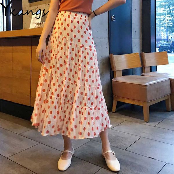 

plus size 5xl polka dot skirts women bohemia long layered pleated skirts high waist summer midi skirt beach jupe femme 210619, Black