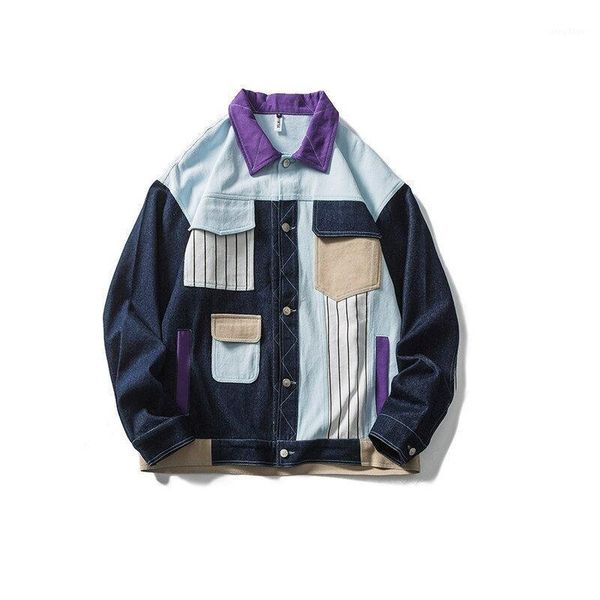 

men's jackets men vintage patchwork multi pockets color block varsity jacket streetwear hip hop harajuku fashion casual, Black;brown