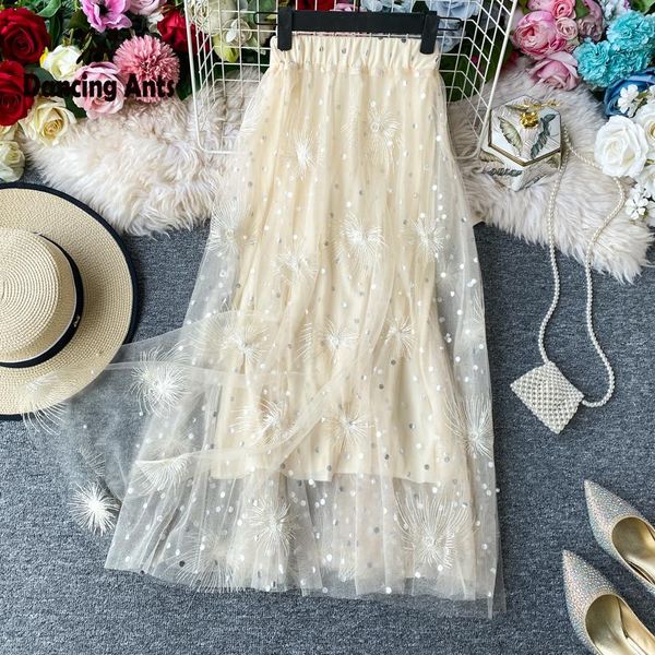 

mesh chiffon sequins print mid-calf skirts women elastic waist half-length skirt 2021 spring femme korean fashion cake, Black