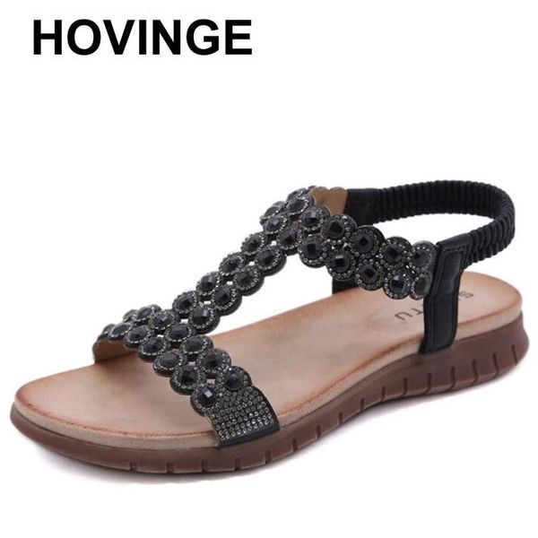 

sandals hovinge bohemian summer shoes sweet womens rhinestones casual plus size 36-41 flats beach sandalias, Black