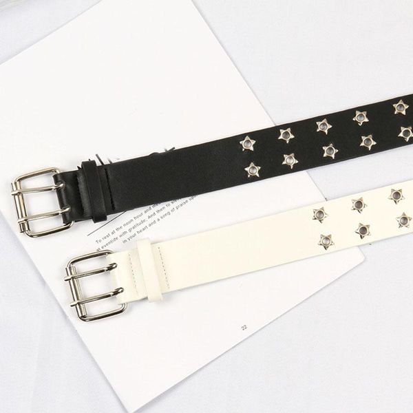 

belts women punk black belt adjustable double star eyelet grommet metal buckle leather waistband for jeans female waist, Black;brown