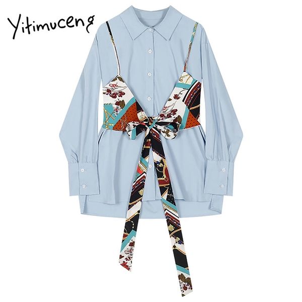 

yitimuceng 2 pieces bow blouse women button shirts loose spring fashion turn-down collar single breasted office lady 210601, White