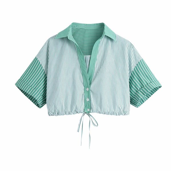 

women cropped shirt striped short sleeves knot detail patchwork elegant fashion chic lady woman 210420, White