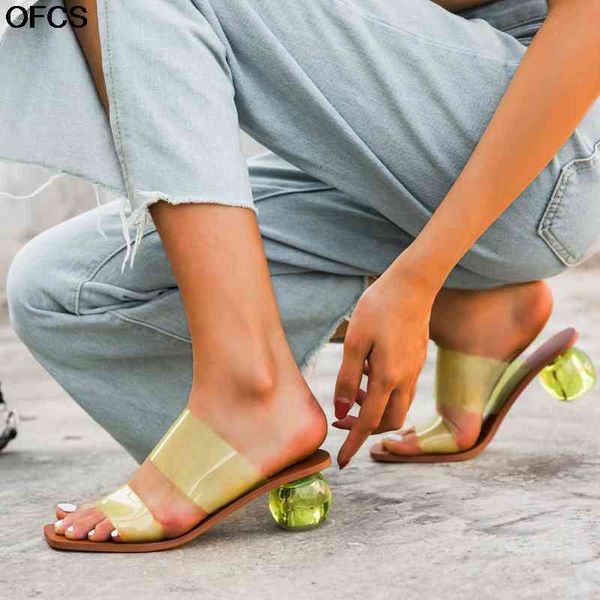 

slippers transparent crystal round ball heel square toe women sandals leopard grain jelly summer clear pvc shoes od13, Black