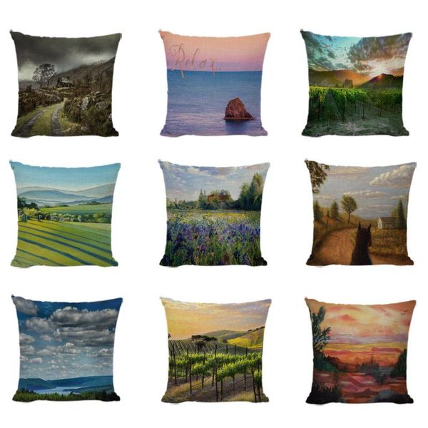 

painted nature landscape sunset cushion cover pillow case sea relax farmhouse decorative garden linen cotton pillowcases 45x45cm cushion/dec