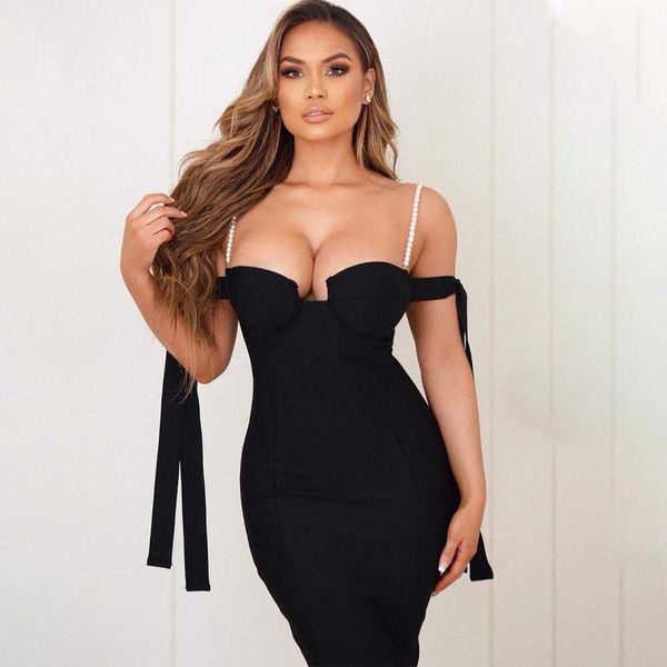 

evening women pearl strap elegant dresses summer bandage low-cut dress bodycon bridesmaid party bow midi dress vestido 210709, Black;gray