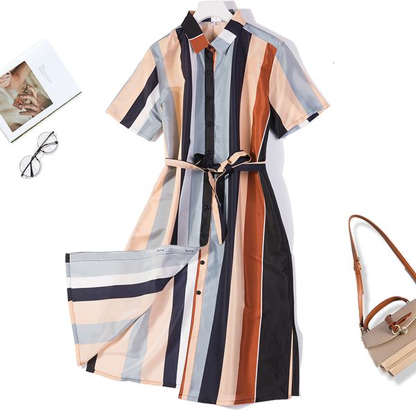 

dress women's 100% pure silk long shirt dress short sleeve stripes with belt  l jn069, Black;gray