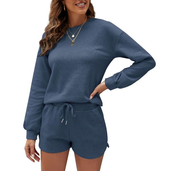 

women's tracksuits fashion suit autumn casual round neck pullover solid color long-sleeved shorts waffle two-piece donsignet, Gray
