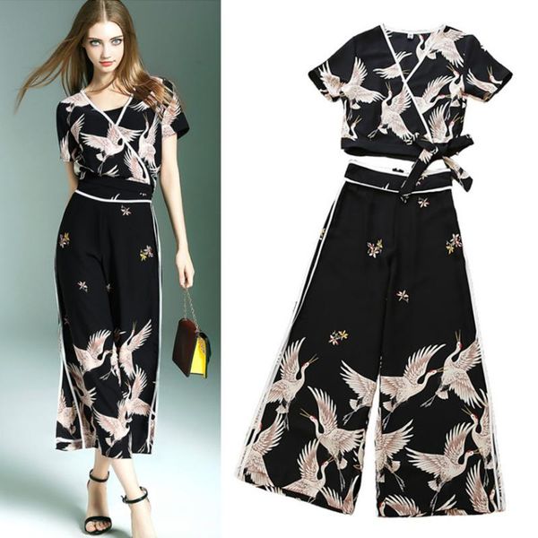 

women's suits & blazers designer clothing set women summer spring vintage print lace up short blouses and open leg cut elegant pants s, White;black