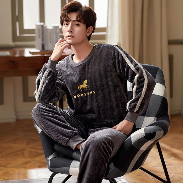 

men's sleepwear winter pajamas set for men warm thick flannel fashion horse print long sleeve casual home sports patchwork loungewear, Black;brown