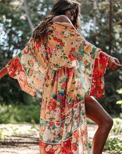

women's blouses & shirts women floral printed summer beach wear long kimono cardigan tunic plus size wear bikini blouse, White