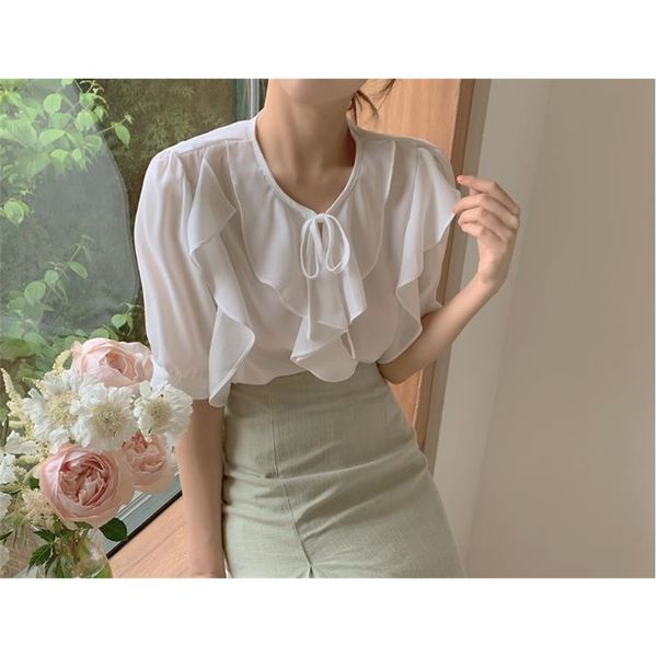 

oversize girls summer blouse women chiffon suit short sleeves high waist pencil skirt two piece suits sell separately 210417, White