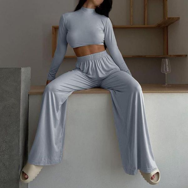 

women's two piece pants leisure home loungewear sets women fall milk silk solid long sleeve turtleneck cropped high waist wide-legs, White