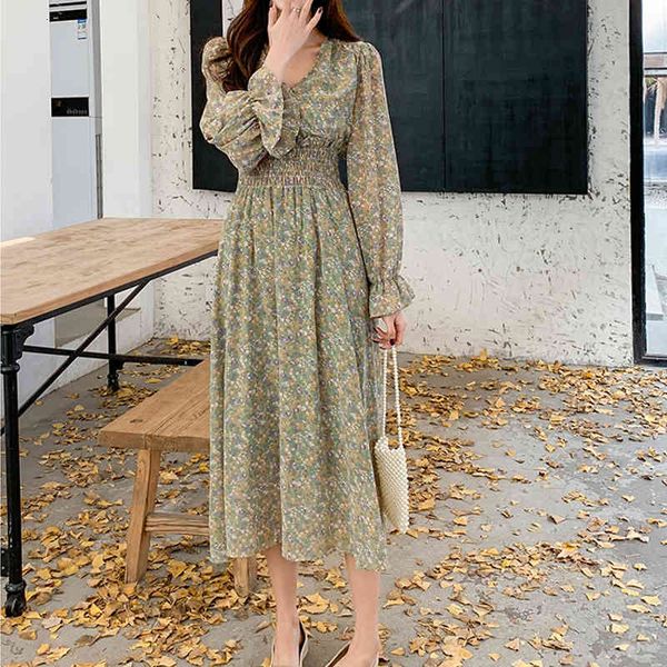 

casual dresses dresses elegant v-neck green women full sleeve floral print elastic waist female dress spring summer a-line vestidos x65i, Black;gray