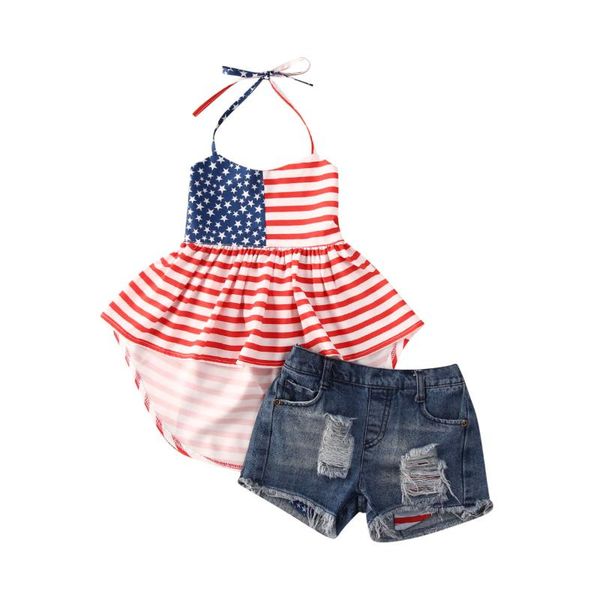 

clothing sets 2021 summer children's girl set sleeveless american flag print halter ruffle ripped denim shorts 2 pieces kids suit, White