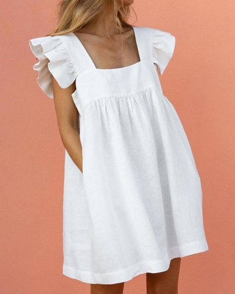 

casual dresses women elegant fashion summer ruffles pockets short sleeve mini solid square neck ruffle stylish p1po, Black;gray