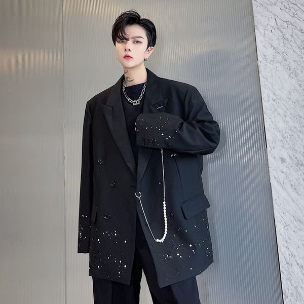 

menswear fashion chic paint the hem metal pendant blazers men's new notched double breasted suit jacket tide autumn 2021, White;black