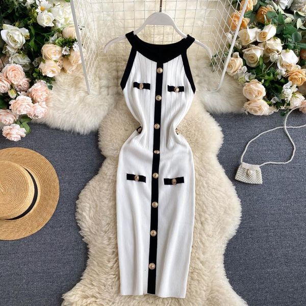 

casual dresses -vestido sin mangas de punto para mujer, vestido una sola hilera botones 1moh, Black;gray