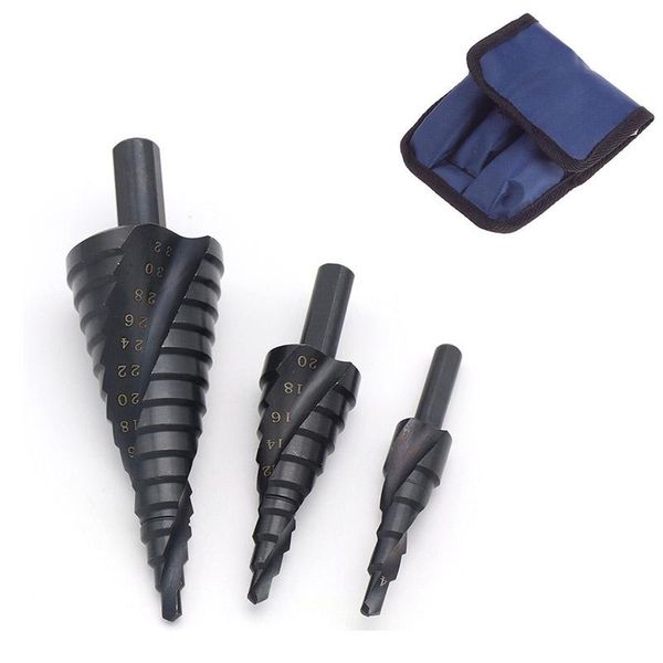 

ci3pcs/set 4-12/20/32mm nitride coated cutter drills hss 4241 spiral groove triangle shank drill bit step cone professional bits