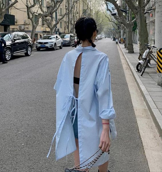 

women's blouses & shirts languid lazy boyfriend wind lace-up backless long female autumn plus size high low irregular women casual cott, White