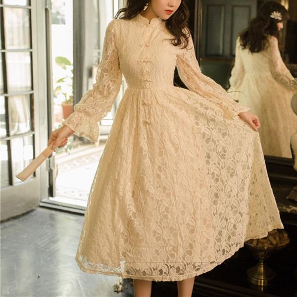 

casual dresses yamdi midi dress women a-line spring summer long sleeve elegant runway vintage party club evening boho 2021 lace vestidos, Black;gray