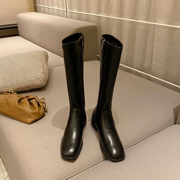 

large size 33-43 knee high boots children autumn winter new side zipper thick heel square toe stretch high-knight boots, Black