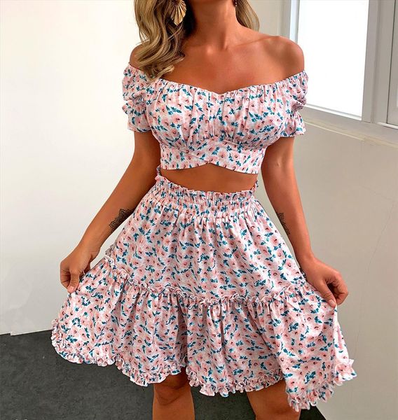 

two piece set summer bohemian women tracksuits floral skirts off shoulder short sleeve crop a line skirt sets female, Gray