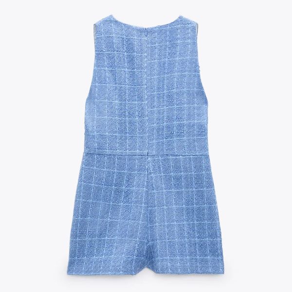 

2021 spring new fashion tweed women elegant blue jumpsuit v neck short jumpsuit, Black;white