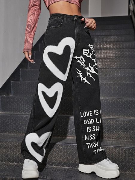 

high waist heart & slogan graphic jeans e4o9#, Blue