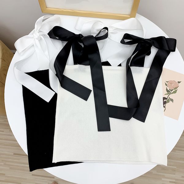 

matakawa knitted crop women bowknot camisole women wear short camisole inside and wear summer tank women 210513, White