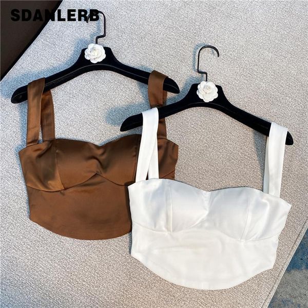 

women's tanks & camis 2021 summer short crop french simplicity socialite style satin vest women clothing shirt solid color sling, White