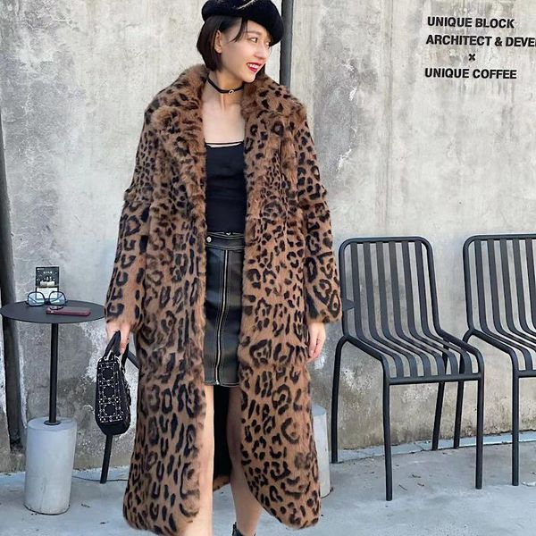 

women's fur & faux winter women real rex coatsÂ fashion long leopard overcoat simple warm ladies outerwear luxurious street 2021, Black