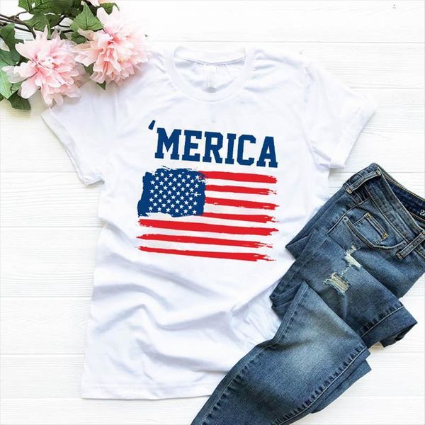 

american flag printed women t shirts short sleeve loose tee clothes graphic, White