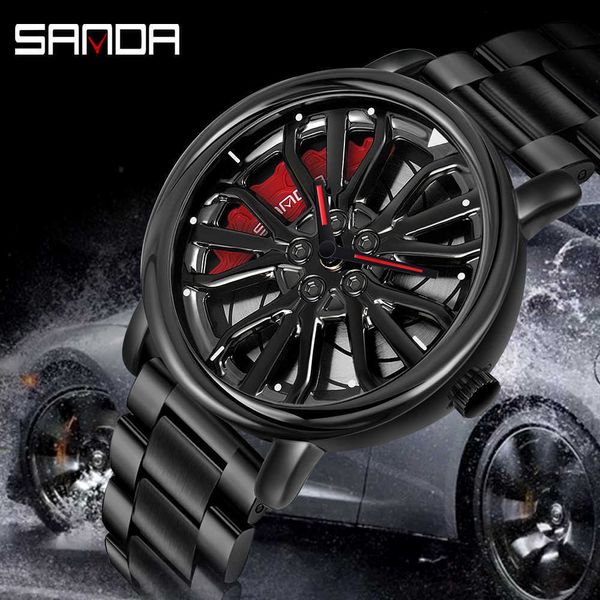 Мужские моды продают автомобиль RIM наручные часы 360 градусов вращающиеся колесные часы из нержавеющей стали водонепроницаемые спортивные кварцевые часы 210728