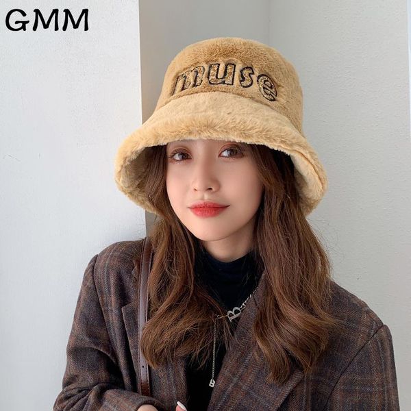 

wide brim hats winter women shiny letter plush faux fur bucket hat thick warm panama velvet fisherman caps designer luxury for girls, Blue;gray