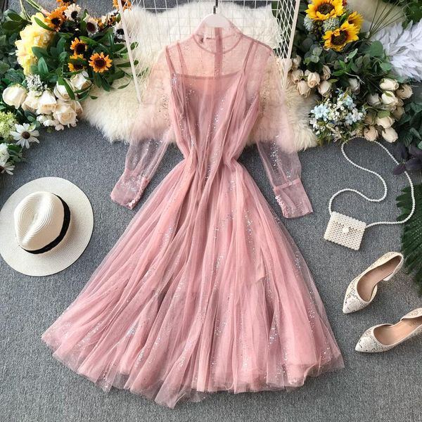 

casual dresses black sequin dress long sleeve glitter mesh boho sheer woman party night 2021 spring sparkly elegant clothes, Black;gray