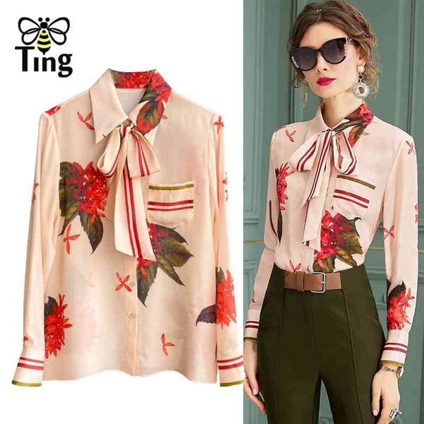 

spring summer runway fashion shirt women's turn-down collar long sleeve flower print casual blouse lady blusas moda 210513, White