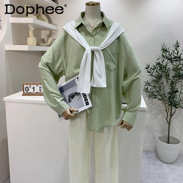 

women's blouses & shirts spring korean fashion solid collar long-sleeved shirt patchwork shawl loose casual blouse two-piece suit, White