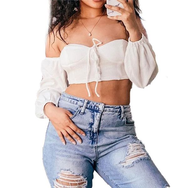 

women's tube fashion long sleeve button front solid color off shoulder blouse autumn spring elegant ladies clothes blouses & shirt, White