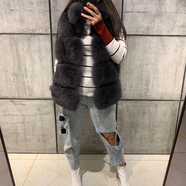 

women's fur & faux lady natural vest women real gilet 61cm length, Black