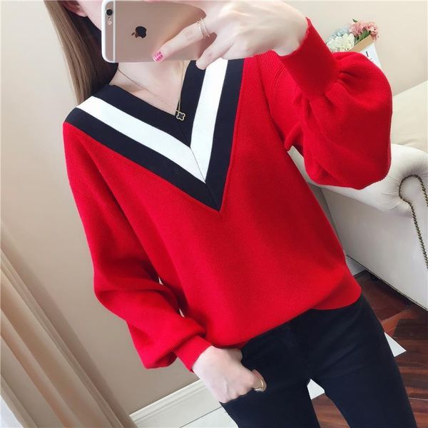 

women's sweaters 2021 autumn women v neck sweater casual color matching knitted pullovers elegant loose long sleeve basic female jumper, White;black